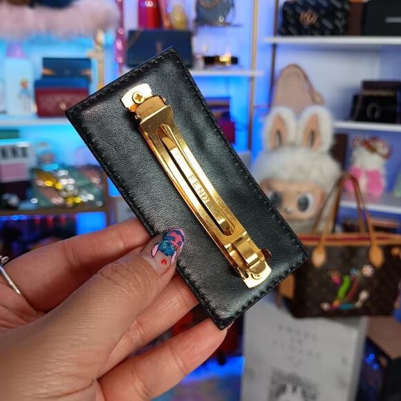 Fendi Black Logo Leather Hair Accessory Gold Metal Clip Large Size - Picture 6 of 7